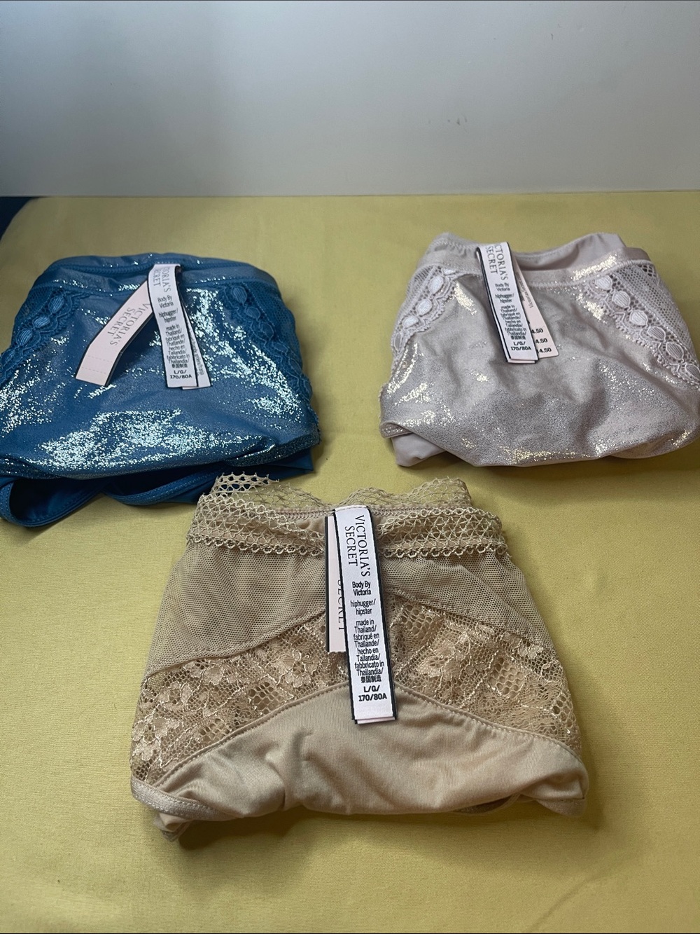 Victoria Sectets 3-Pair Bikini Briefs — Teal, Rose Gold and Taupe. Size L. NWT